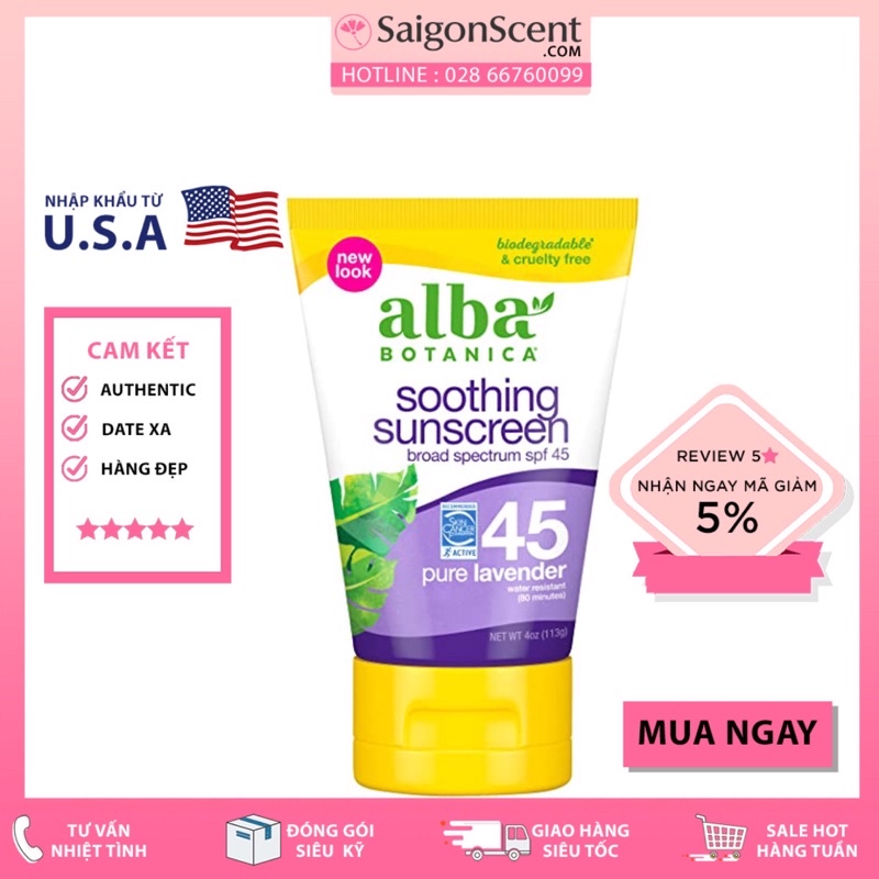 Kem Chống Nắng Oải Hương Alba Botanica Soothing Sunscreen Broad Spectrum Spf 45 Pure Lavender ( 113g )