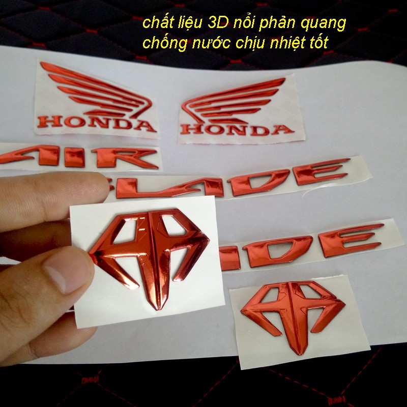 Bộ tem Air Blade, logo AB, Cánh Chim Honda 3D nổi màu Đỏ