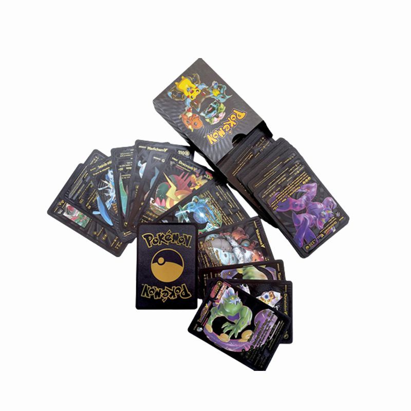 Hộp 55 thẻ game hình Pokemon tiếng anh bằng giấy nhôm vàng sưu tập dễ thương