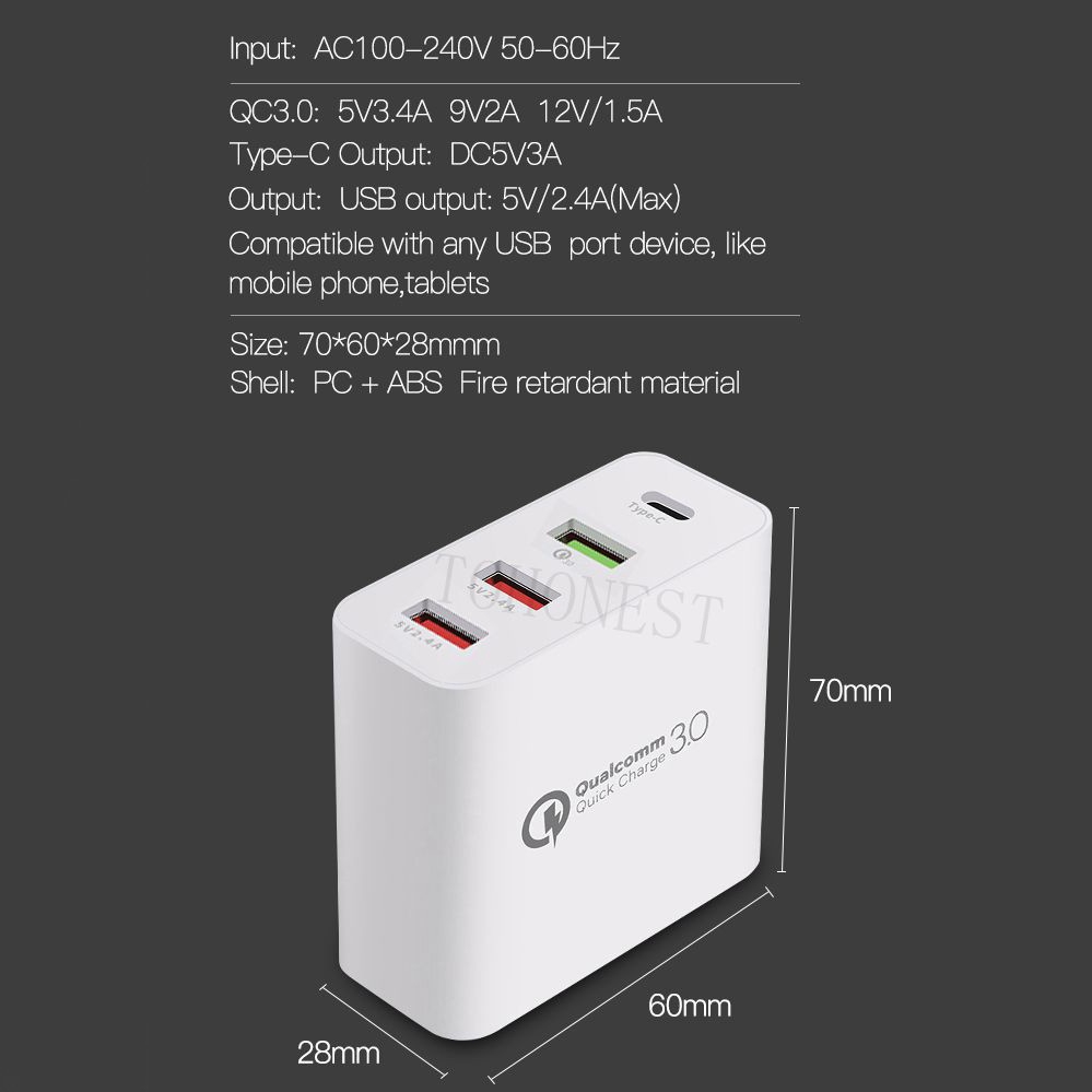 Củ sạc nhanh cổng Type-C và USB 3.0 phích cắm EU US UK 48W cho máy tính bảng 48W Quick Charge QC 3.0 Type C USB Charger Adapter Tablet Phone Charger EU US UK USB Plug