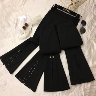 quần vải ống loe xẻ - loe đính đá viền- loe đính ngọc- loe ren