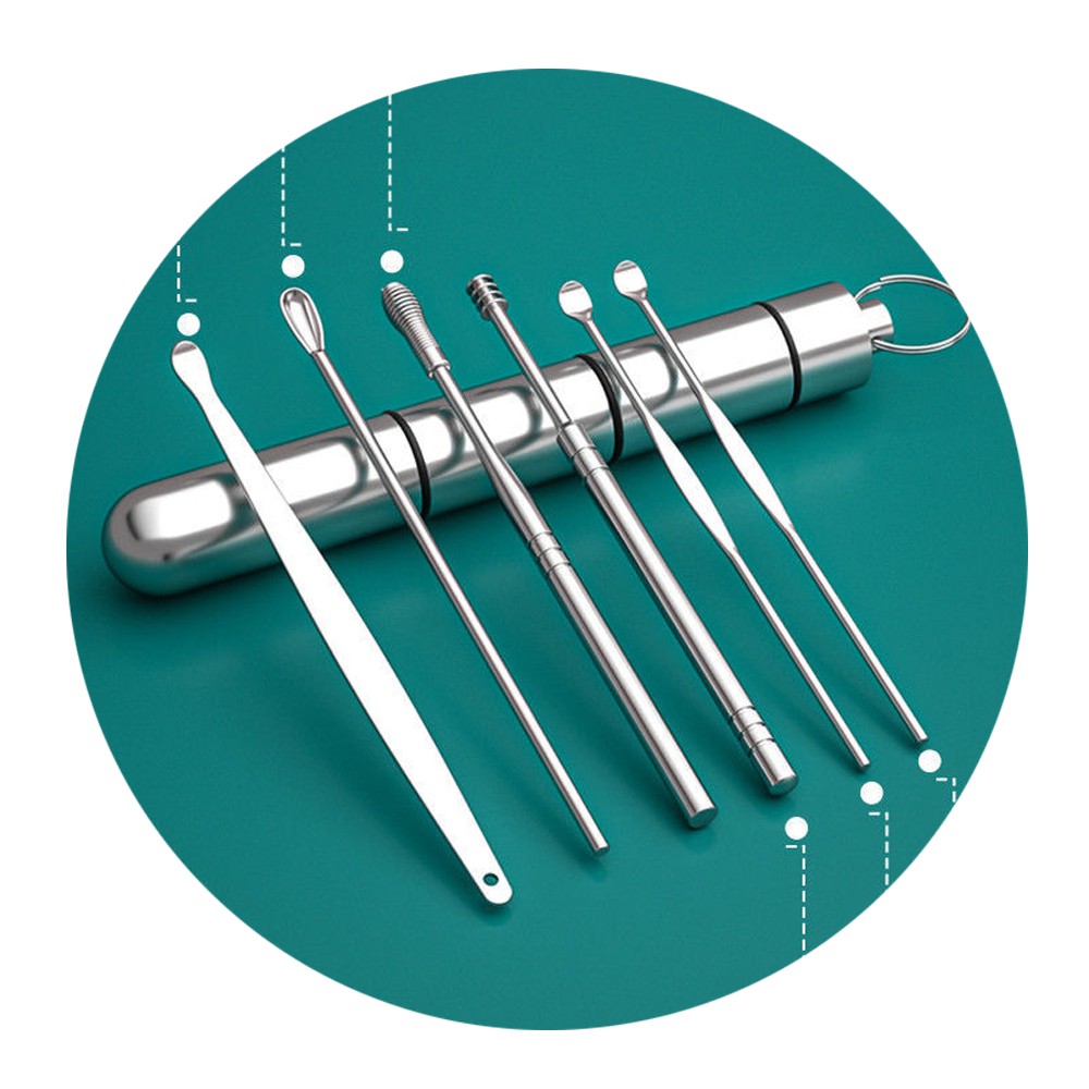 Bộ 6 Dụng Cụ Vệ Sinh Tai Ngoáy Tai Cao Cấp Hộp Trụ Thép Không Gỉ Cho Gia Đình - Dumi Shop