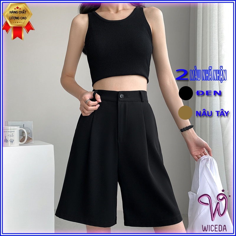 Quần lửng nữ ống rộng cạp cao đẹp,quần short ngố nữ khóa thật xinh chất tuyết mưa dày dặn 3 màu đen nâu tây be Wiceda461 | BigBuy360 - bigbuy360.vn