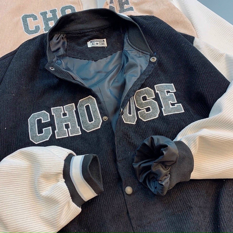 Áo khoác bomber Unisex chất nhung tăm thêu chữ CHOOSE ,form rộng 2 lớp đẹp cho nữ,nam
