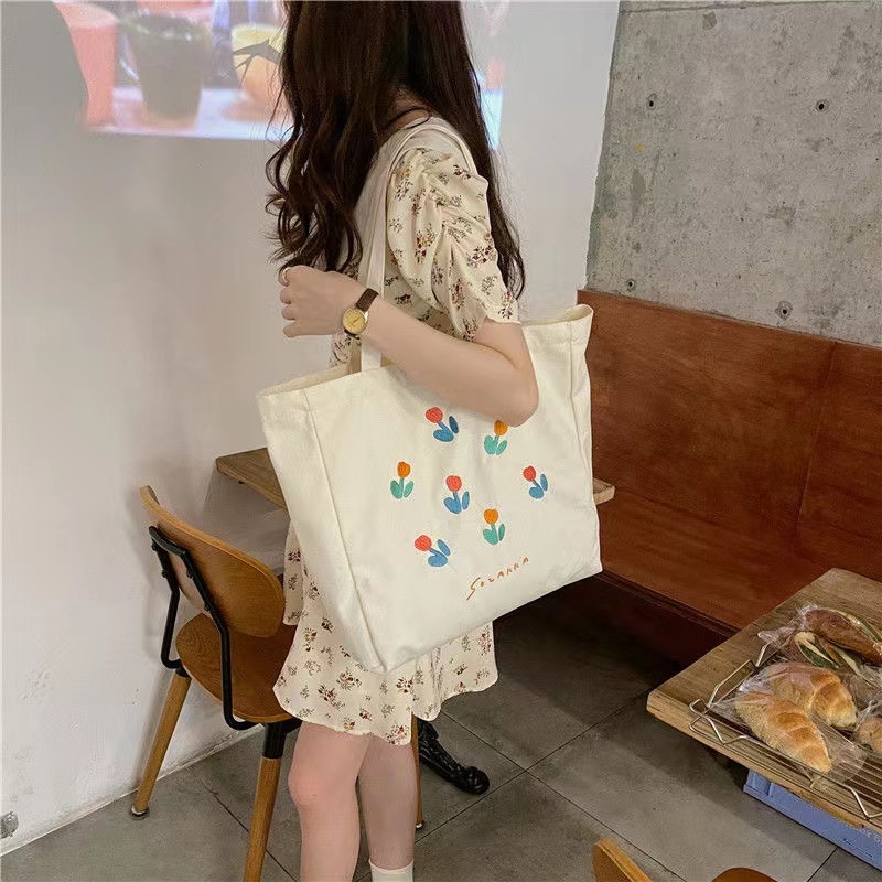 Túi Vải Canvas Thêu Hình Hoa Tulip Phong Cách Nhật Bản Mới