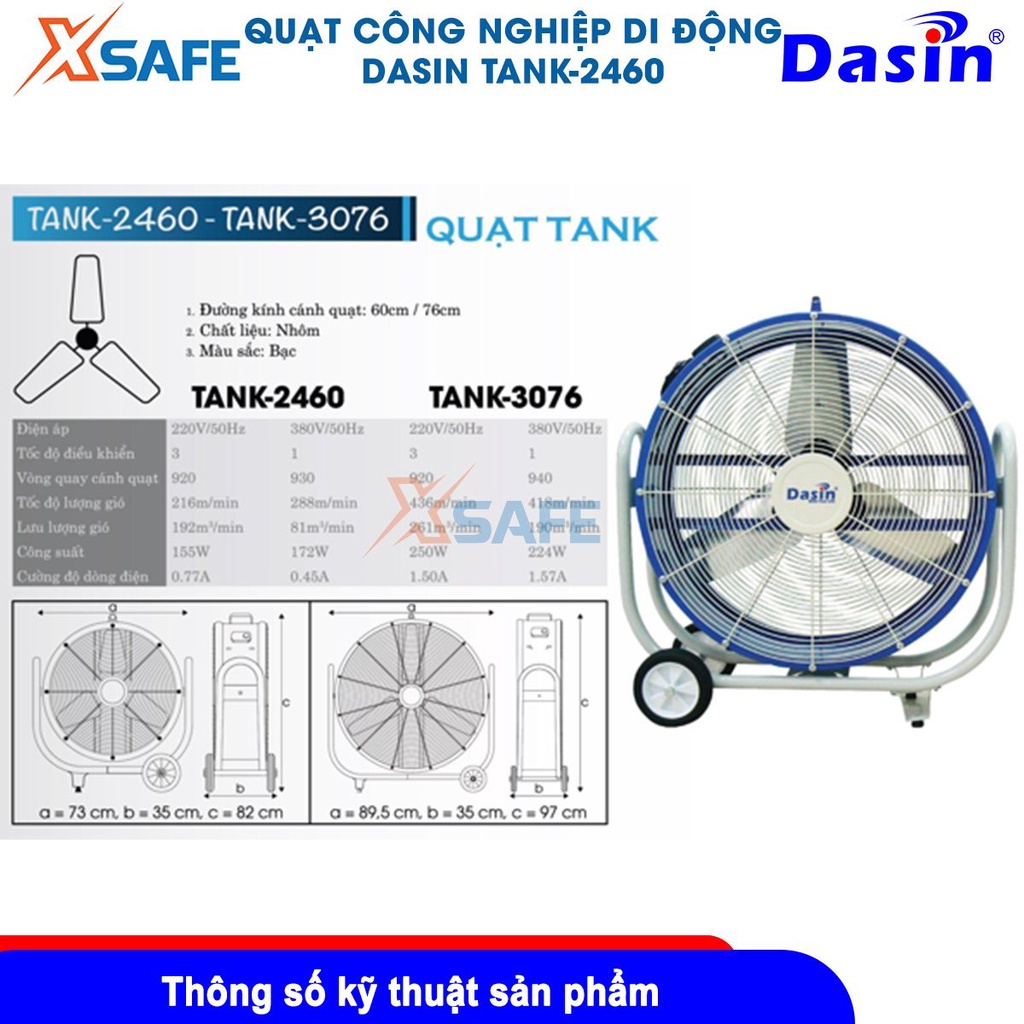 Quạt di động công nghiệp Dasin TANK2460 công suất 155W, 220V/50Hz, kích thước 730x250x820mm - chính hãng - xsafe