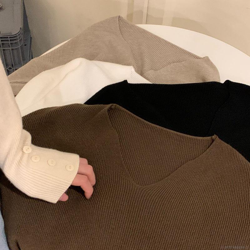 Áo sweater chui đầu tay dài cổ chữ V màu trơn thời trang mùa thu thanh lịch cho nữ