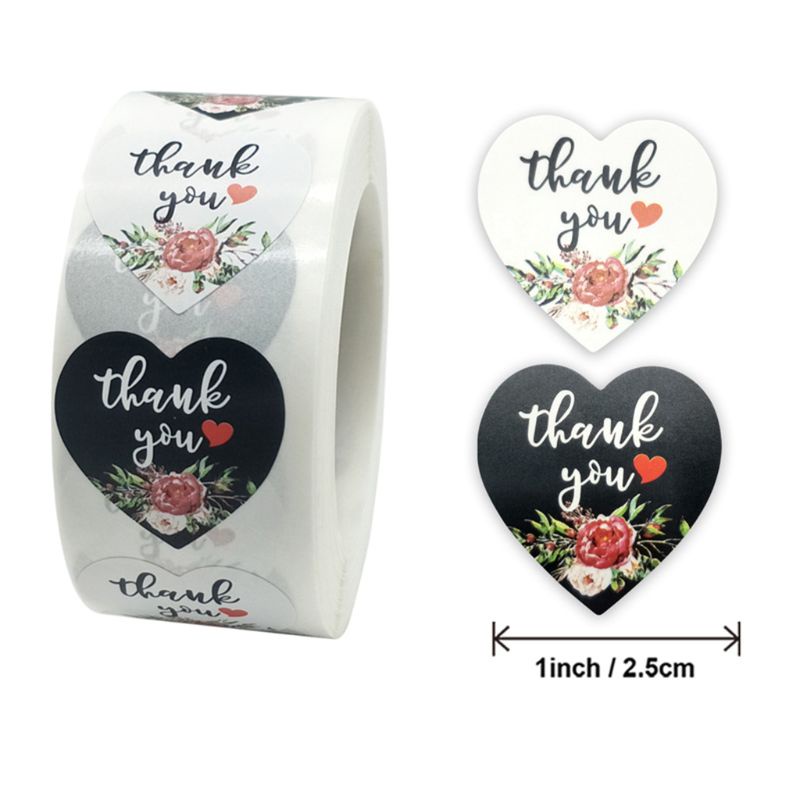 Cuộn 500 miếng hình dán trái tim trang trí chữ thank you