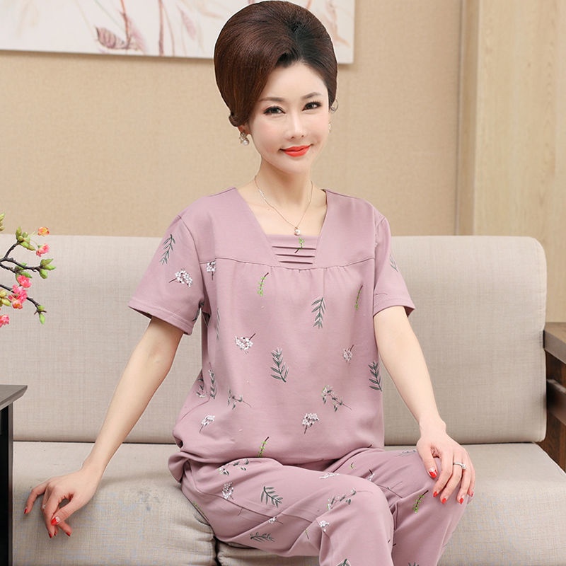 Bộ đồ ngủ cotton tinh khiết vừa, quần dài nữ ngắn tay, mỏng cỡ lớn, người trung niên và già mặc ở nhà.K