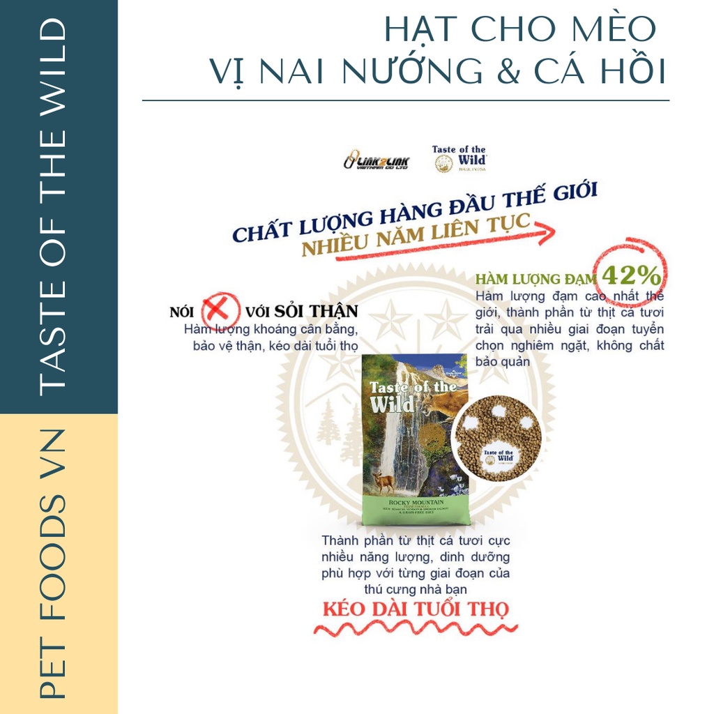 Hạt cho mèo TASTE OF THE WILD Rocky Mountain 500g vị Nai Nướng &amp; Cá Hồi Xông Khói