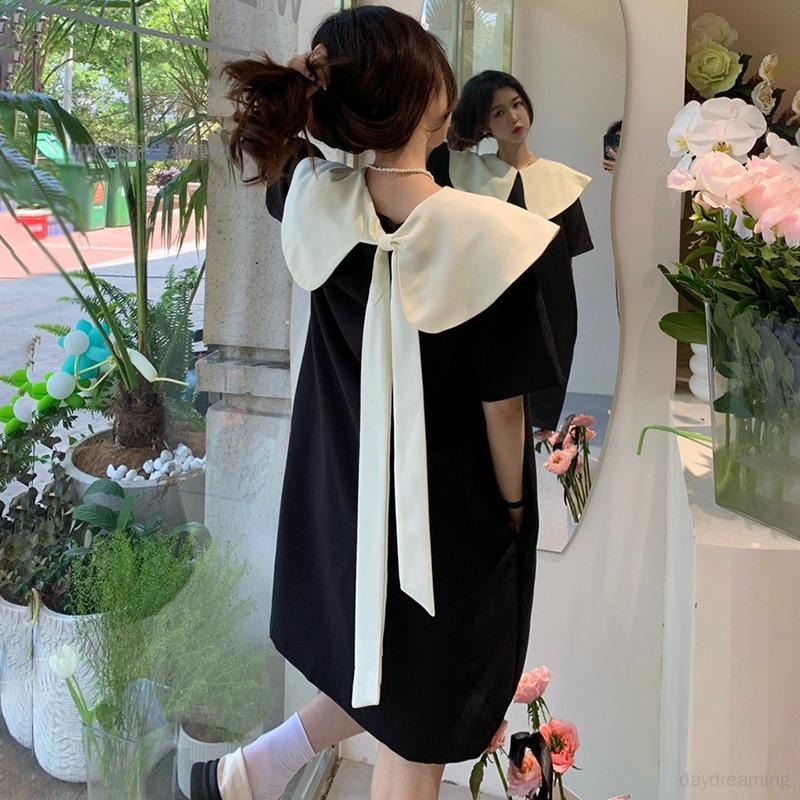 Váy Đầm Dáng Rộng Thắt Nơ Trước Và Sau Lưng Màu Tương Phản Phong Cách Hàn Quốc Dành Cho Nữ