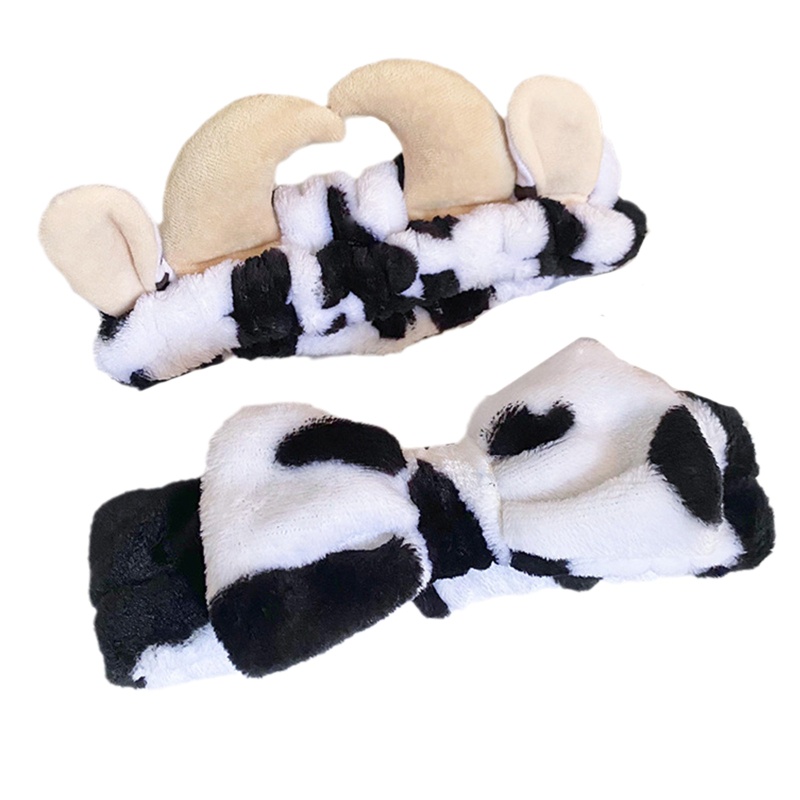 Băng Đô Cài Tóc Bằng Vải Flannel Mềm Họa Tiết Bò Sữa Đính Nơ Dễ Thương Cho Nữ