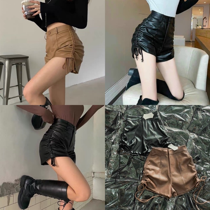 Quần Đùi Da Rút Dây Hông Phong Cách Ulzzang