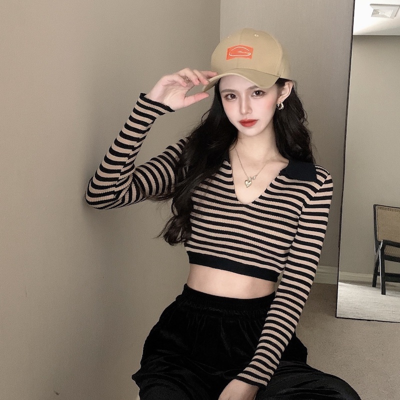 Áo thun polo dệt kim tay dài dáng ôm kẻ sọc thiết kế quyến rũ | BigBuy360 - bigbuy360.vn