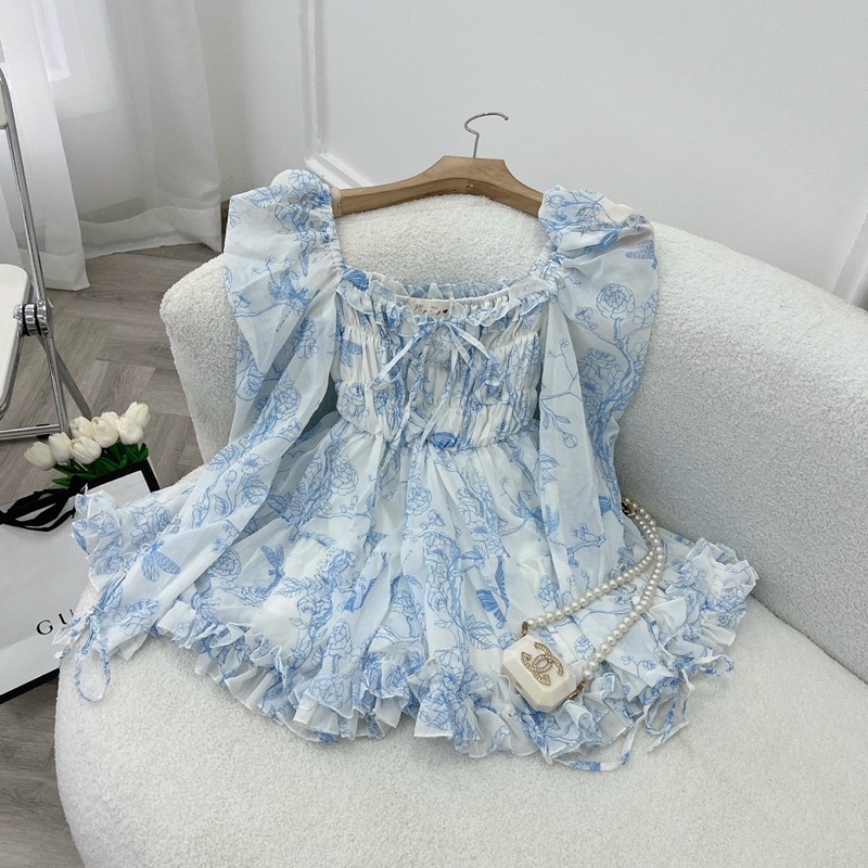 Đầm Hoa Xanh Bo Thun Ngực Thắt Nơ 🦋FREESHIP🦋