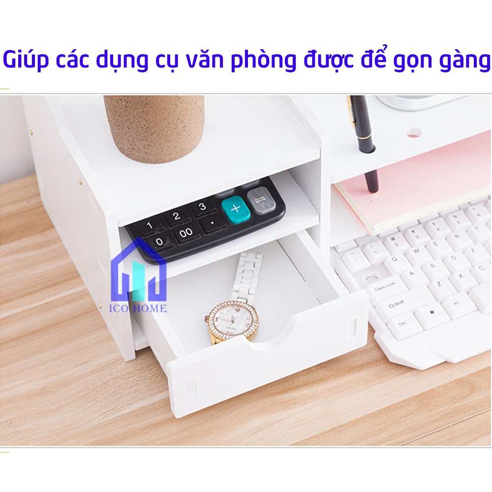 Kệ để màn hình máy tính, laptop màu trắng có 2 ngăn kéo, khay đựng tài liệu - ICO HOME