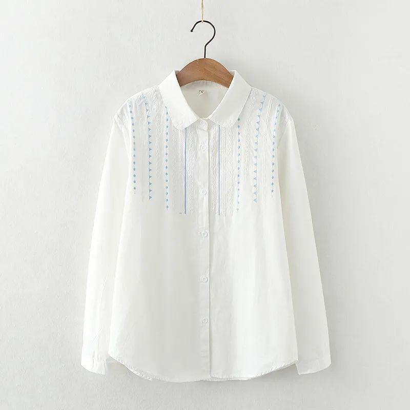 Áo Sơ Mi Trắng Tay Dài Chất Cotton Hoạ Tiết Thêu Thiết Kế Thanh Lịch