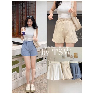 Quần short thô cạp cao thắt nơ eo