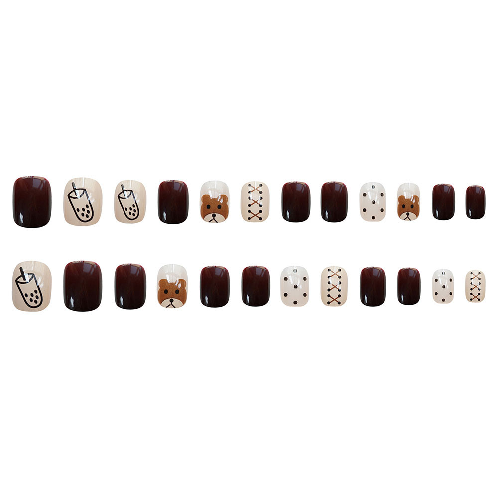Cod Qipin Lovely Ins 24 Pcs Coffee Bear Removable Fake Nails+Glue for Women Ladies Party Daily
