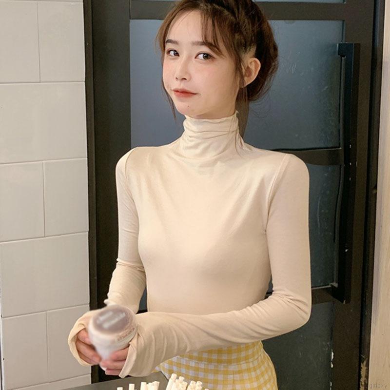 Áo thun cổ lọ tay dài màu trơn kiểu dáng đơn giản phong cách Hàn Quốc dễ phối đồ