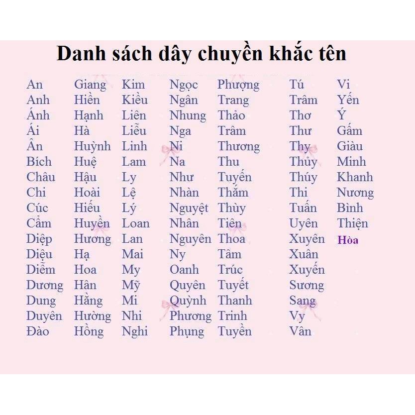 Dây chuyền tên Thảo Hồng Anh Phương Nhung Nga Nguyệt Thắm Oanh Hạnh Ngọc Bích Châu Diễm Hương Quỳnh Trang Thủy - Đầy Đủ.