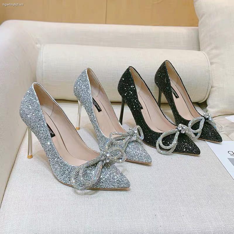 ┇✢High heels female 2021 new pointed rhinestone butterfly wedding shoes stiletto crystal single sequined bridesmaid