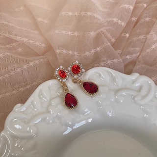 Bông tai mạ bạc 925 đính đá ruby phong cách retro hàn quốc mới