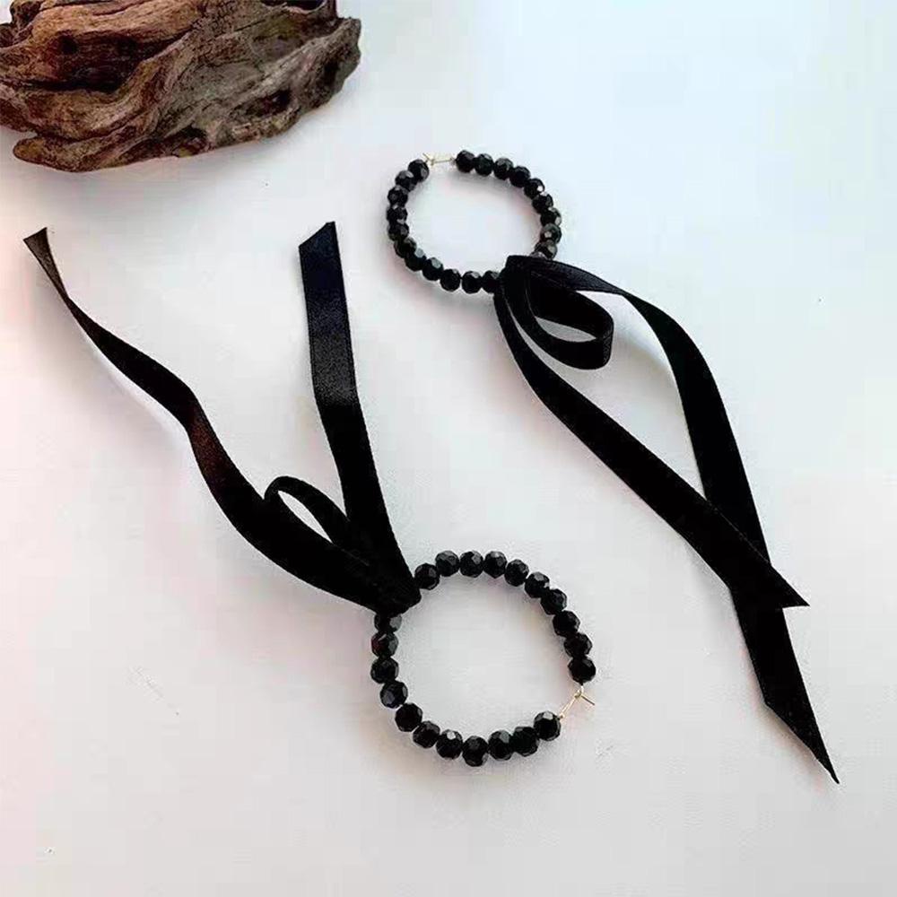 Bông Tai Dáng Dài Phối Dây Ruy Băng Đính Hạt Thời Trang Cho Nữ