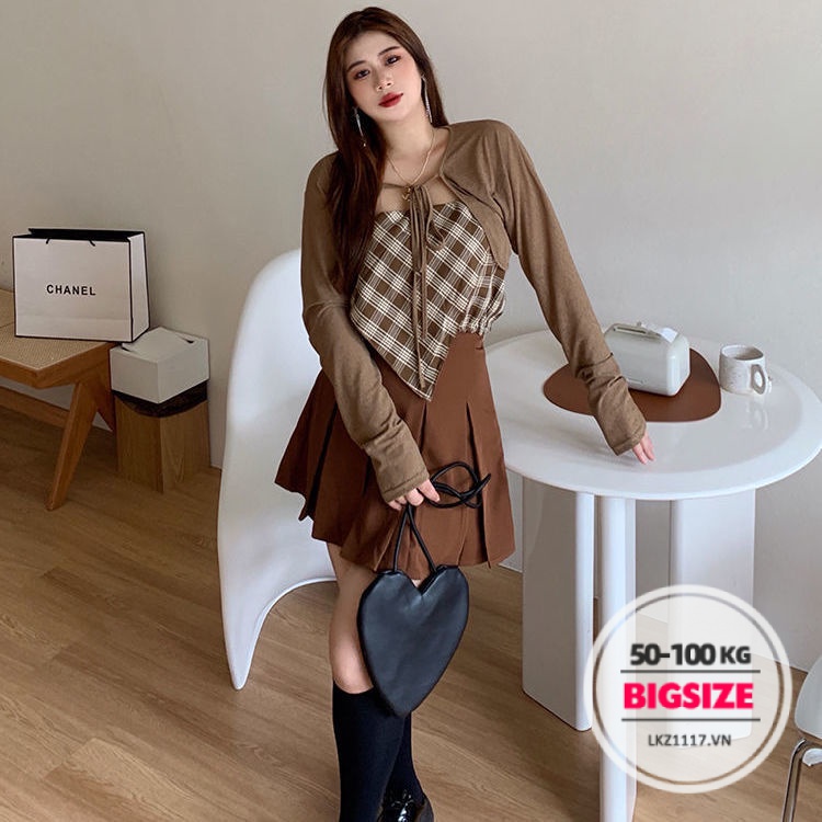 Sét bộ đồ nữ Bigsize Áo khoác cardigan tay dài Áo ba lỗ kết hợp chân váy xếp ly tennis ngắn lưng cao cạp cao chữ a mùa hè Phong cách Hàn Quốc Thời Trang đi Chơi sang chảnh cá tính cho người mập béo