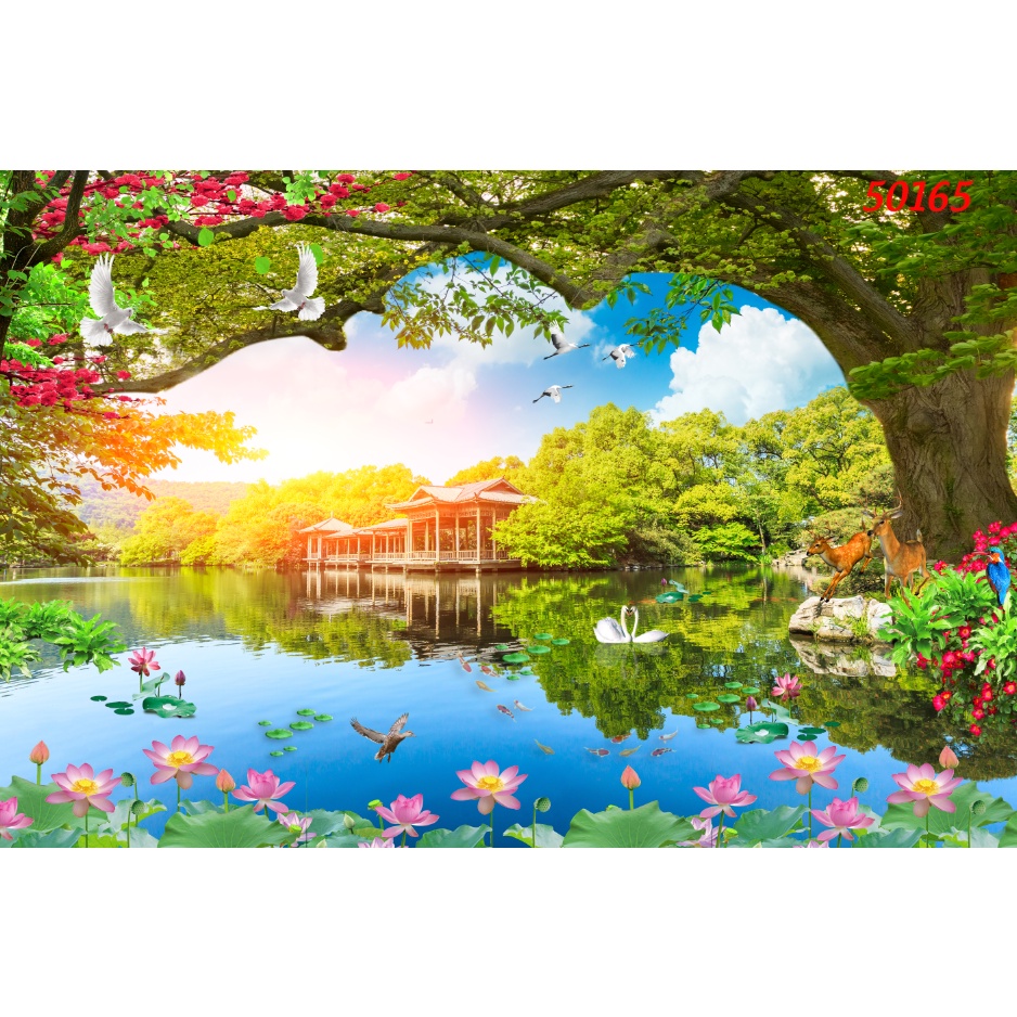 Tranh 3d thác nước chảy rừng cây trong lành