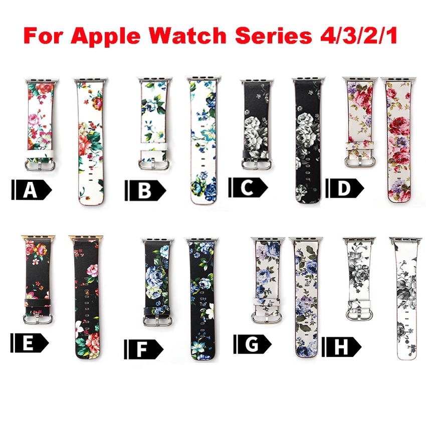 Dây đeo da PU thay thế cho Apple Watch 1 2 3 4 cỡ 38-44mm họa tiết bông hoa