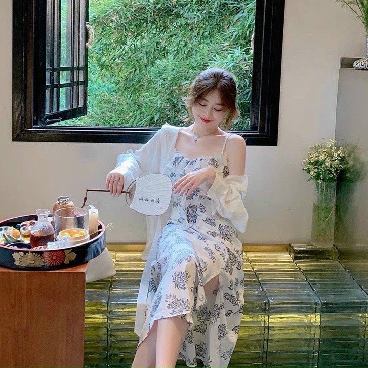 Set đầm váy 2 dây dáng xòe sẻ tà nhẹ kèm áo khoác voan tay dài tinh tế nữ tính dự tiệc dạo phố  XM MINH PHÚC