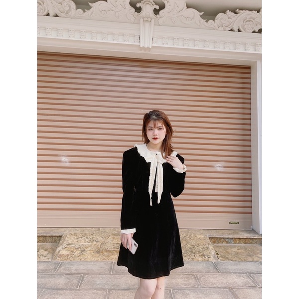 Váy nhung pha bèo cổ nơ đính ngọc