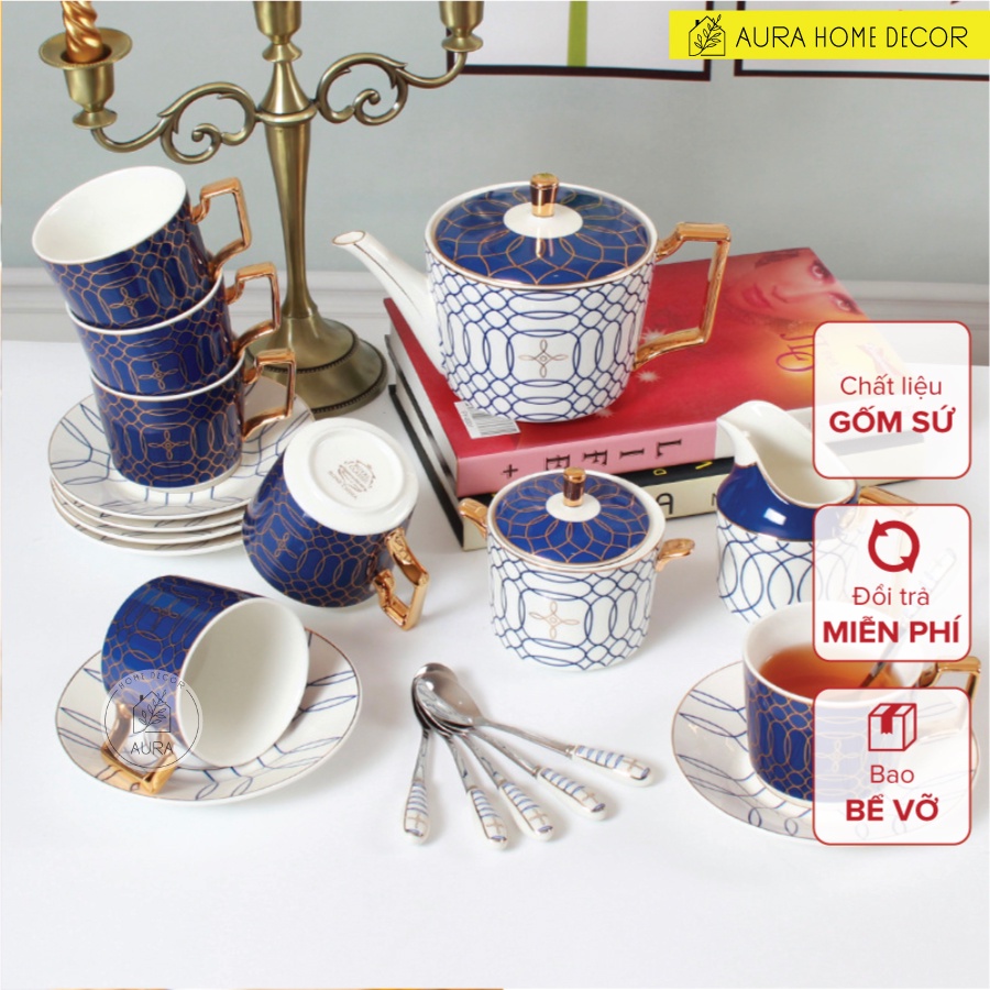 [ẢNH THẬT] Bộ ấm trà kim cương xanh 21 món Bone China dát v.àng 24K - Chất liệu cao cấp sang trọng bậc nhất