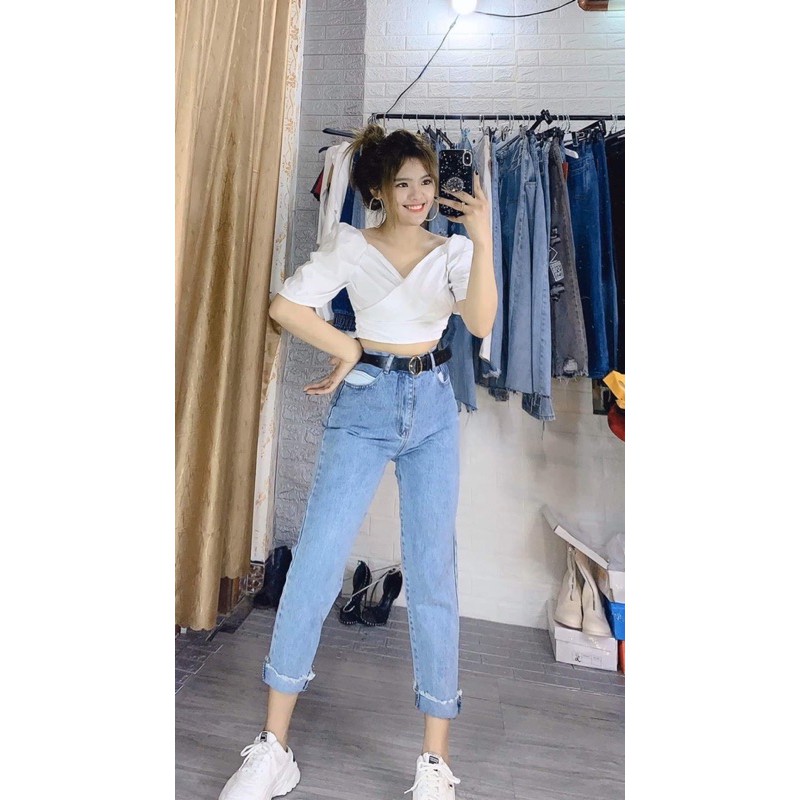 Áo kiểu croptop đắp chéo tay phồng
