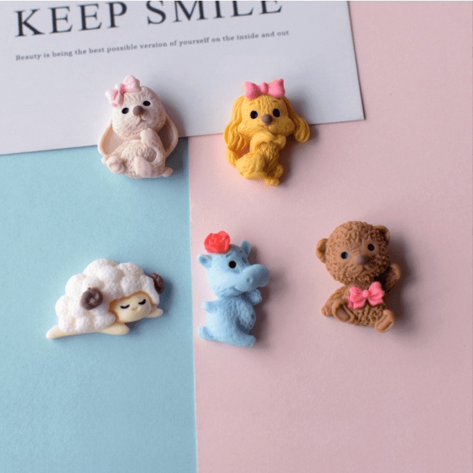 Sticker jibbitz gắn dép Croc hình thú nhỏ đeo nơ (cún, thỏ, cừu nhỏ, gấu, hà mã xanh)