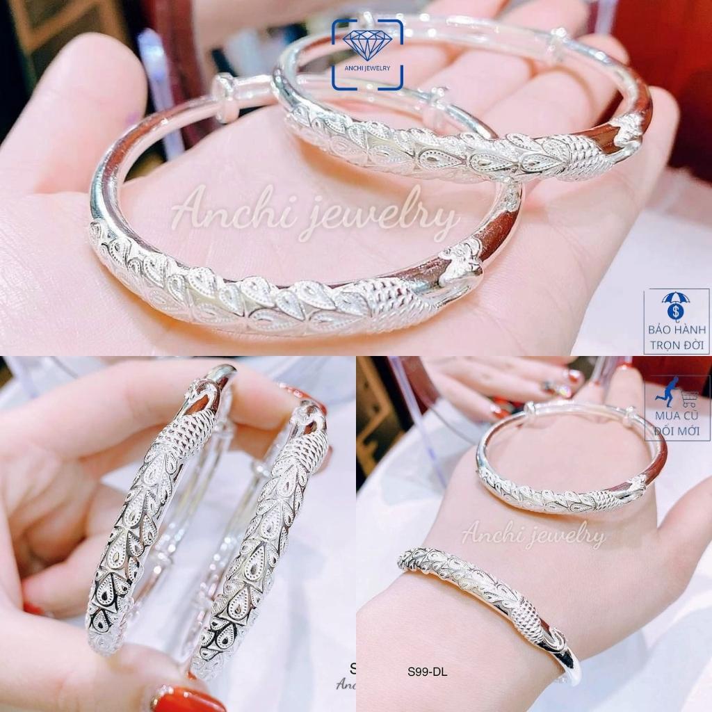 Kiềng tay bạc nữ họa tiết đuôi công, chuẩn bạc ta bao sáng không xuống màu - Anchi jewelry
