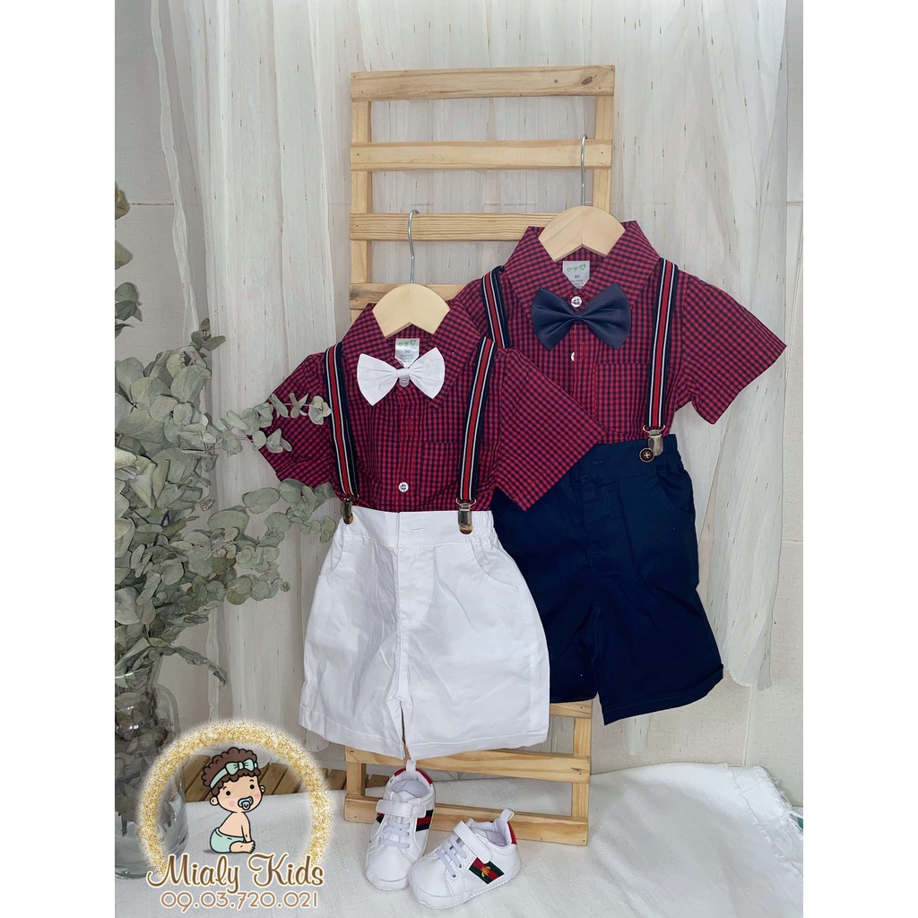 Set yếm sơ mi đỏ Mialy Kids cho bé trai chụp ảnh, mặc thôi nôi (11-23Kg) - Họa tiết caro đỏ đen cool ngầu