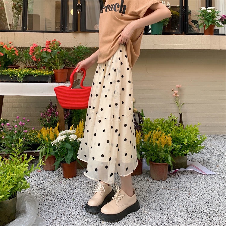 Chân Váy Dài Lưng Cao Dáng Rộng Họa Tiết Chấm Bi Thời Trang Mùa Hè Hàng Mới