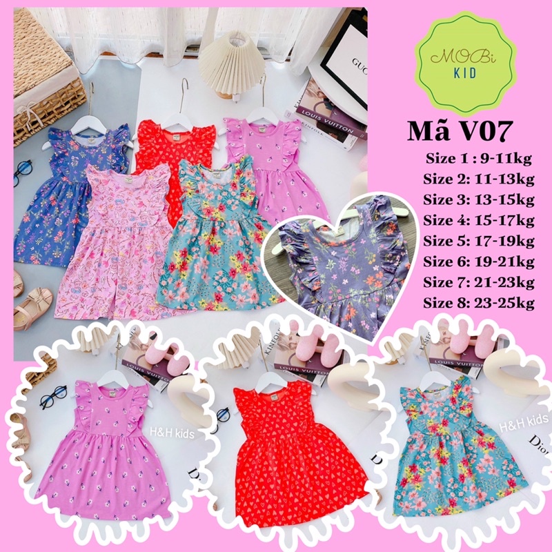 V07 Đầm Váy Cotton Hàn Tay Bèo Cho Bé Gái Từ 9kg đến 25kg