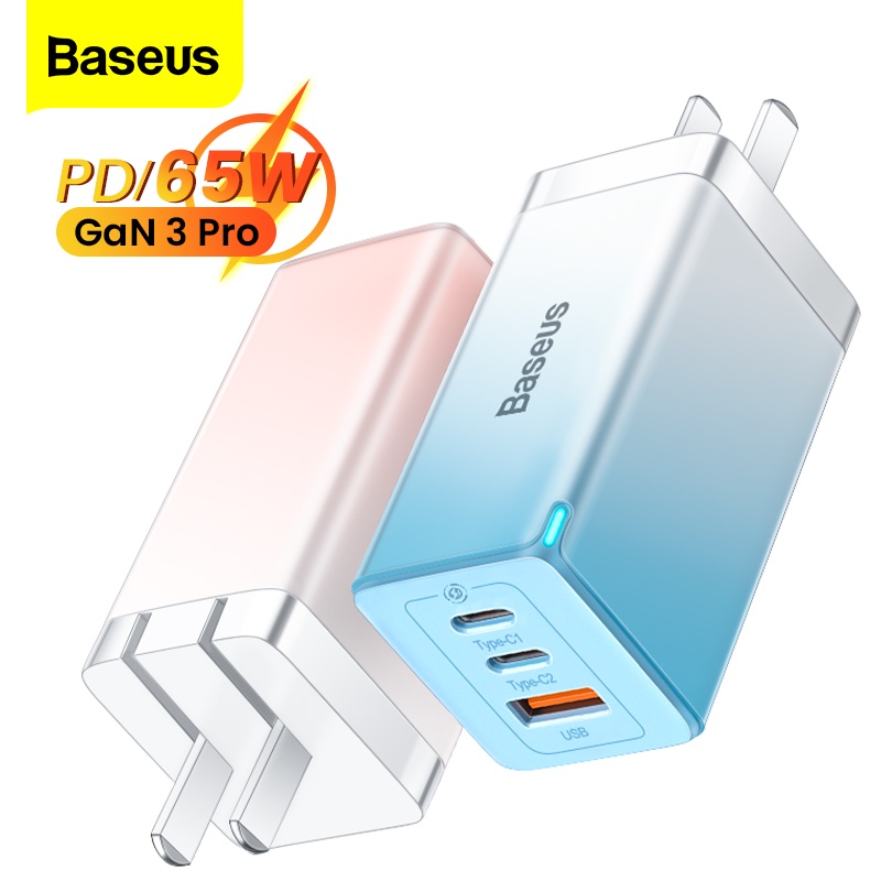 Bộ sạc nhanh Baseus 65W GaN3 Pro 2C + U tương thích QC4 + PD3.0 AFC cho máy tính xách tay iPhone 13 Pro Max