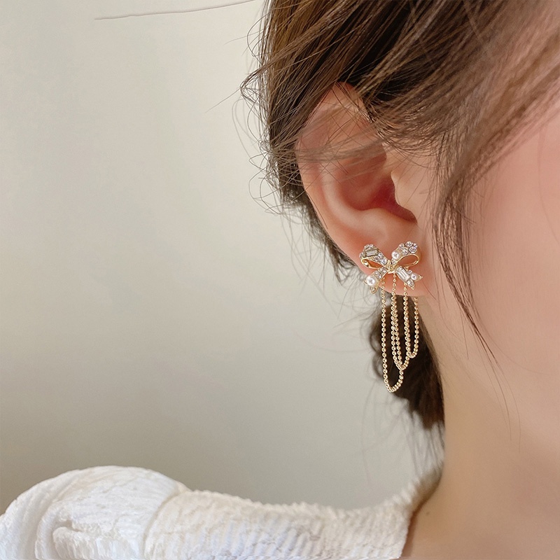 Bông Tai Mạ Bạc 925 Hình Nơ Tua Rua Đính Ngọc Trai Sang Trọng Phong Cách Hàn Quốc 2022