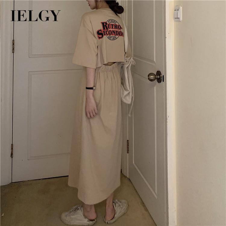 IELGY   Đầm Tay Ngắn Cổ Tròn Eo Cao Xẻ Tà Phong Cách Hàn Quốc Thời Trang Cho Nữ