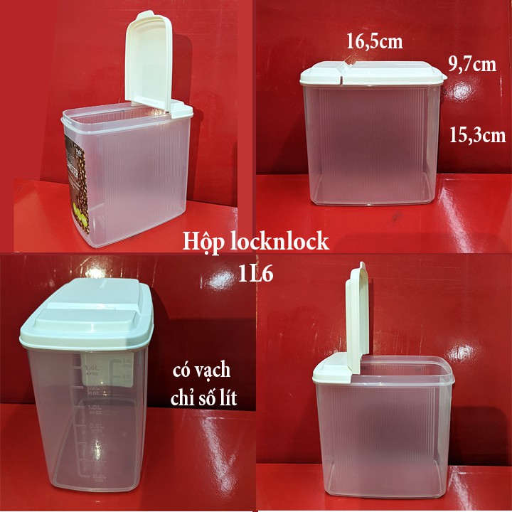 hộp nhựa đựng thực phẩm nắp mở đứng vuông góc 1L6 16,5x9,7cm cao 15,3cm có vạch chia lít. Locknlock HTE535