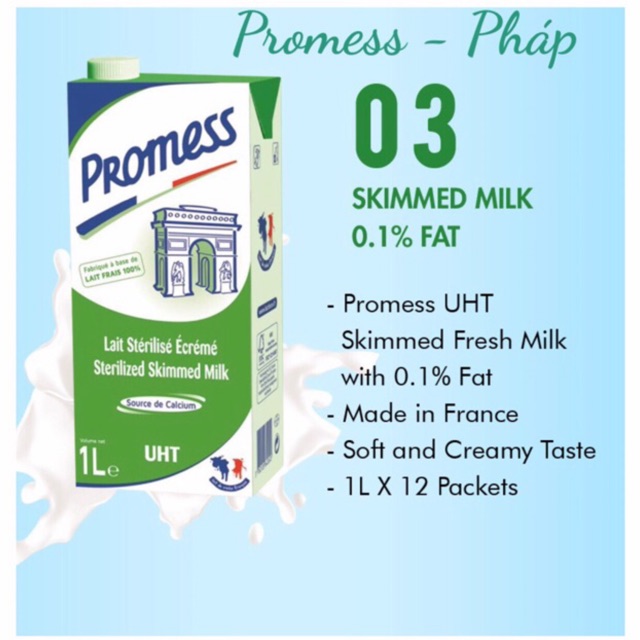 ( DATE MỚI NHẤT )THÙNG 6 HỘP SỮA TƯƠI KHÔNG BÉO PROMESS ( 1 LÍT/HỘP)