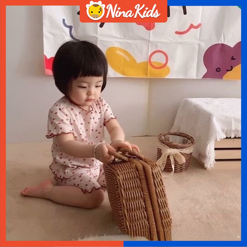 Bộ Đồ Ngủ  Ngắn Tay Họa Tiết Hoa Dễ Thương Cho Bé Gái 0-7 Tuổi