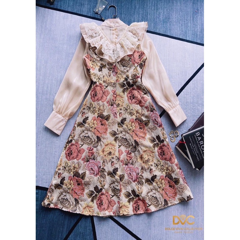 Váy gấm hoa vintage cổ bèo