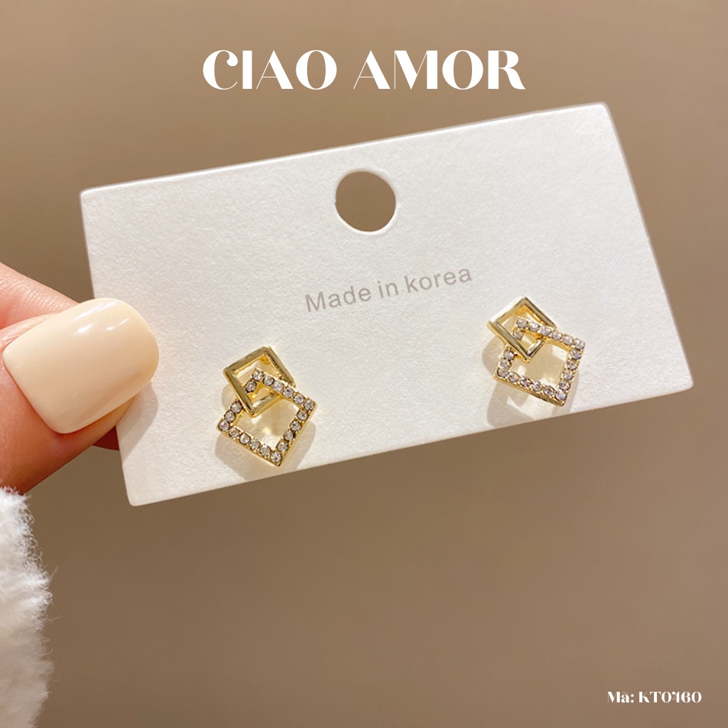 KT0460-Khuyên tai nữ, Bông tai nữ nụ bạc 925 vuông nhỏ xếp đính ngọc Trang sức Ciao Amor