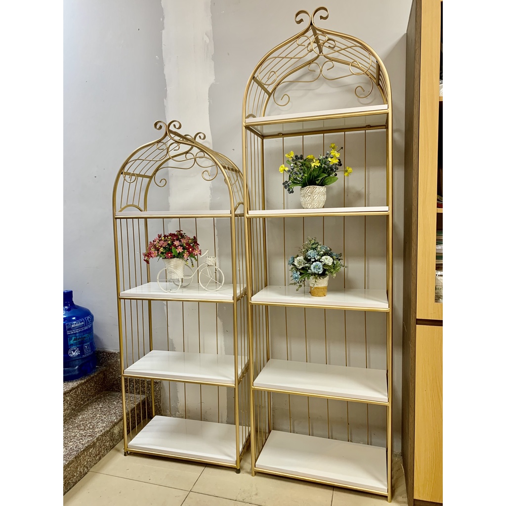 Kệ lồng chim vuông trang trí 4-5 tầng , khung sắt sơn tĩnh điện vàng đồng, mặt gỗ trắng