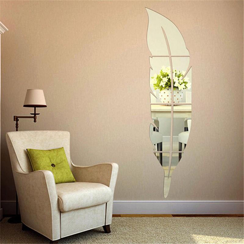 Household Concise Mirror Feather Shape 3D Self-adhesion Eco-friendly Safety Wall Decoration